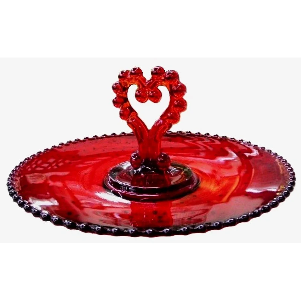Imperial Regal‎ Ruby Red Candlewick Tidbit Pastry Heart Handle Tray Vintage 1962